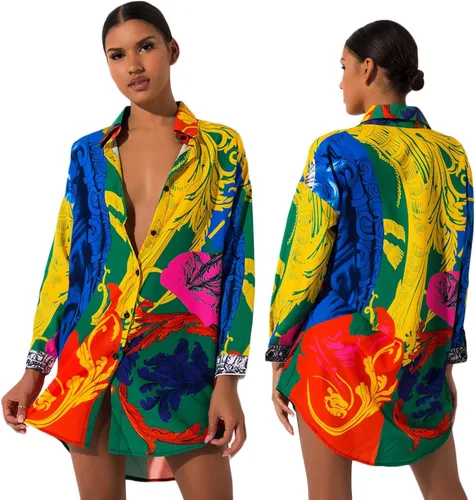 Vista 2 de Vestidos tipo camisa para mujer con botones, estampado floral, manga larga, minivestido
