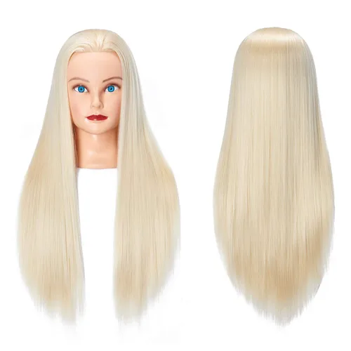 Vista 10 de Cabeza de Entrenamiento 26"-28" Cabeza de Maniquí para Peinado Maniquí de Cosmetología Cabeza de Muñeca Cabello de Fibra Sintética