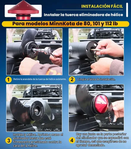 Vista 3 de Eliminador de motor de arrastre para tuerca de aluminio ajuste personalizado para modelos MinnKota de 80, 101 y 112 libras (GFEL-MK-BK-DP) - Rojo