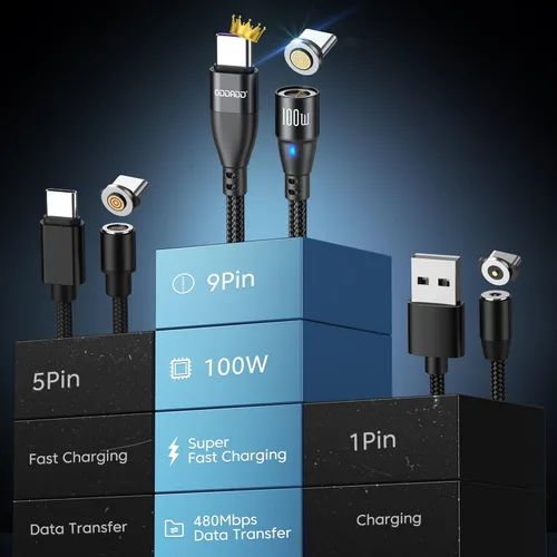 Vista 2 de Cable de carga magnético USB C de 100 W, paquete de 2 (3.3 pies + 6 pies), cable magnético de carga rápida 6 en 1, cable de carga USB C magnético