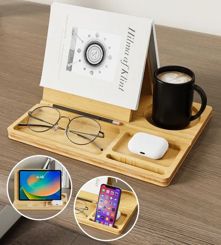 Vista 8 de NiHome Soporte de madera de bambú para libros con diseño triangular para apoyar libros en la columna vertebral, organizador multiusos con acabado