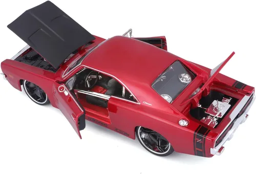 Vista 6 de 1969 Dodge Charger R/T Rojo Metálico con Capucha Negra y Rayas Negras Classic Muscle 1/25 Modelo de Auto Fundido a Presión por Maisto