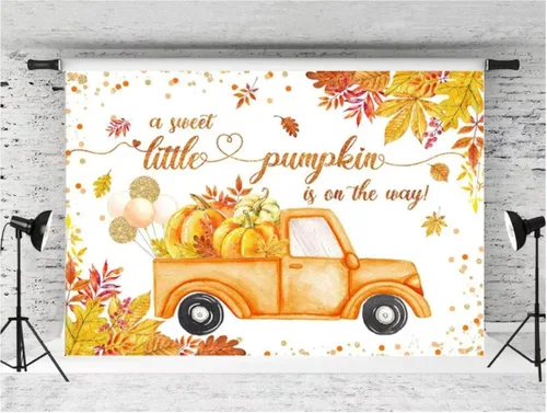 Vista 3 de Telón de fondo para baby shower, con texto en inglés "A Sweet Little Pumpkin is On The Way", decoración de fiesta, decoración de otoño, fotografía