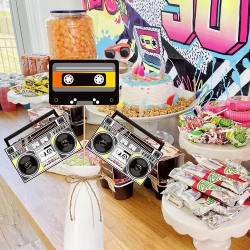 Vista 7 de Palos de centro de mesa Boombox de los años 90, decoraciones de fiesta temática de los años 90, 12 piezas de cinta de casete de radio Boombox