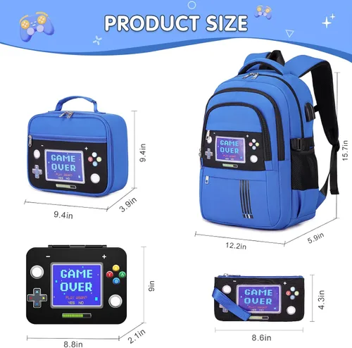 Vista 2 de Mochila para niños - Mochila para niños de jardín de infantes con lonchera Bento de 43 onzas, Pantalla de juego azul, Grande, Mochila