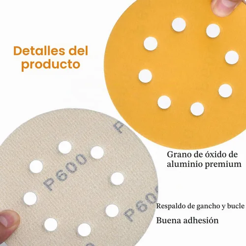 Vista 5 de Discos de lijado de gancho y bucle de 5 pulgadas, 8 agujeros, papel de lija de órbita aleatoria de grano 600, pack de 50