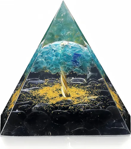 Vista 9 de Pirámide de orgón del árbol de la vida para energía positiva, peridoto de orgonita y cristal curativo de obsidiana para reducir el estrés