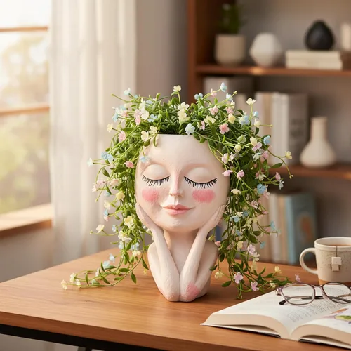 Vista 8 de Macetas Cara de Plantas en Forma de Cabeza - Lindas Macetas para Suculentas, Macetas para Plantas de Interior con Sistema de Drenaje, Regalos