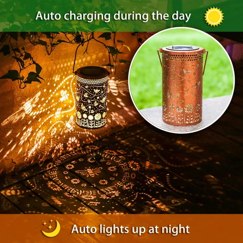 Vista 5 de Paquete de 2 linternas solares colgantes de abejas al aire libre, impermeables, luces LED solares de metal, linternas decorativas para jardín