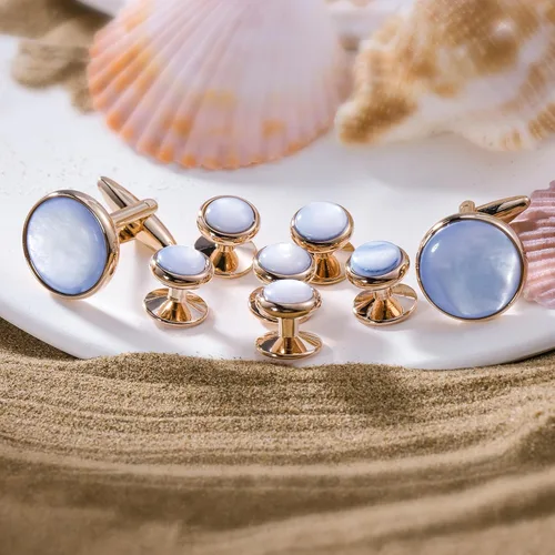Vista 4 de Cufflinks and tuxedo studs Set for Men with Gift Box, Rose Gold Tone Mother-of-Pearl Cuff links for French Cuff Shirt and Dress Shirt, Suitable for