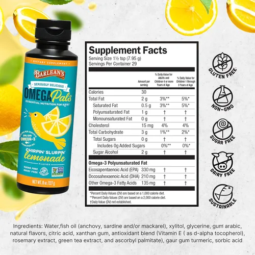 Vista 2 de Barlean's Lemonade Omega Pals - Aceite de pescado Omega-3 para niños, 540