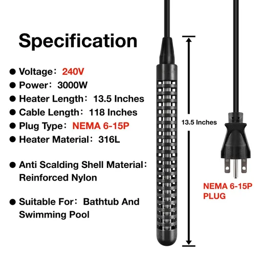 Vista 2 de GRILLME Calentador de agua para bañera y piscina de inmersión de 240 V 3000 W, calentador eléctrico portátil totalmente sumergible, calentador