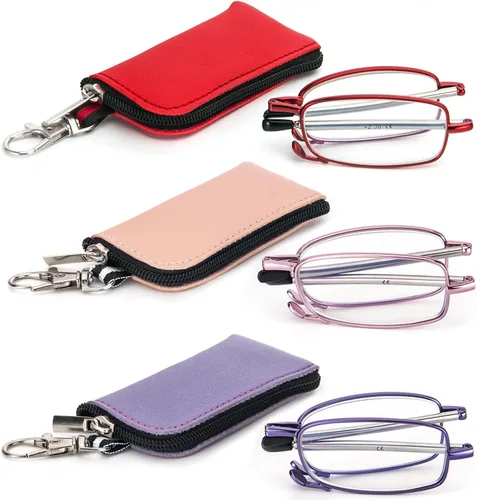 Vista 11 de Paquete de 3 lentes de lectura plegables con llavero, bolsas compactas, para mujeres y hombres, bloqueo de luz azul, bisagra de resorte, lectores