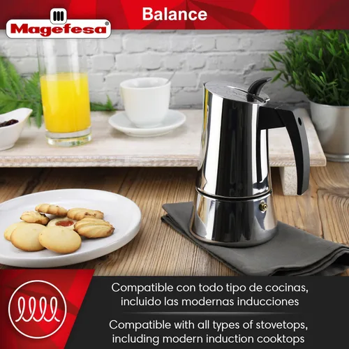 Vista 3 de Magefesa Balance - Cafetera de café expreso de acero inoxidable de 6 tazas, cafetera italiana clásica con mango y perilla de baquelita, cafetera