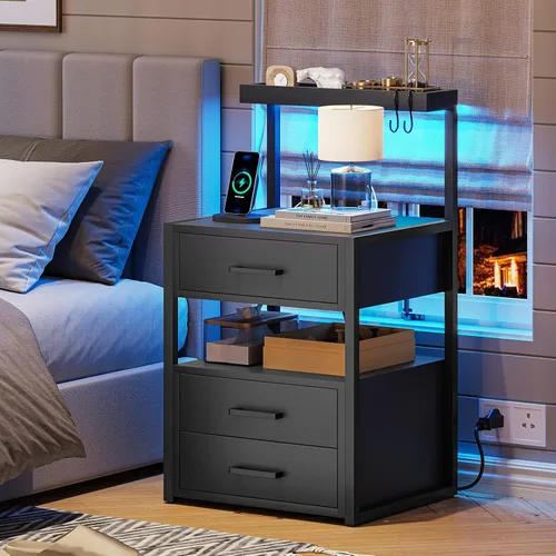 Vista 7 de Mesita de noche con estación de carga y luces LED, mesita de noche LED con 2 puertos USB y 2 salidas de CA, mesa auxiliar moderna con 3 cajones Negro