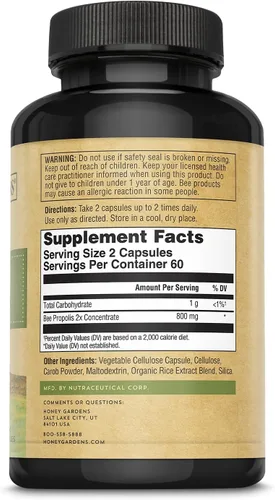 Vista 2 de Honey Gardens Propóleos de abeja: 59351: Tapa, (Btl-Plástico) 650mg 120ct