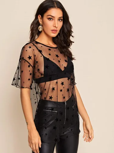 Vista 3 de Verdusa Camiseta de malla transparente para mujer, de media manga, larga, de gran