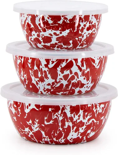 Vista 6 de Golden Rabbit Enamelware - Cuencos de almacenamiento anidables con tapas, juego de 3, camuflaje Mixing, Serving & Storage Bowls, Carbon Steel Core