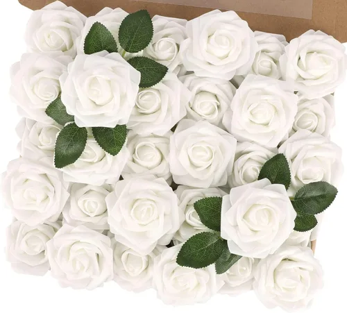 Vista 50 de MACTING 30 PCS Flores Artificiales Rosas Negras y Blancas Flores Falsas con Tallo Rosas de Espuma de Tacto Real para Boda Bola de Besos Ramillete