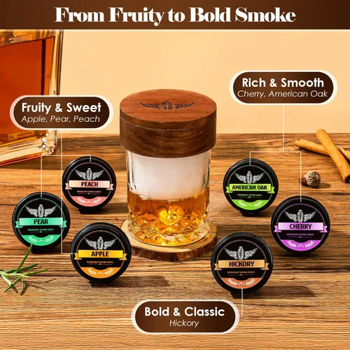 Vista 3 de INSISART Chips de madera para ahumar whisky, 6 sabores de manzana, cereza, roble, pera, durazno, nogal, chips naturales para cócteles, anticuado