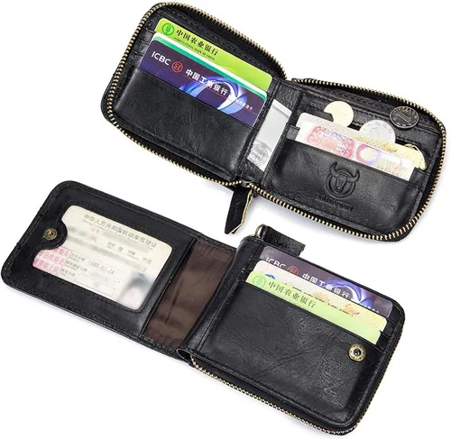 Vista 6 de Cuero auténtico hombres billetera cremallera RFID bloqueo vintage billeteras billeteras billeteras