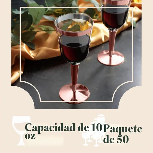 Vista 4 de 50 copas de vino desechables de plástico con borde de oro rosa, tamaño grande, 9.98 oz. BloominGoods - Vasos para bodas y eventos