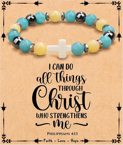 Vista 25 de JoycuFF Regalos Cristianos, Pulseras de Cruz para Mujeres, Joyería Cristiana Católica Religiosa de Fe de Pascua, Pulseras de Piedra Natural