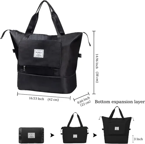 Vista 2 de Bolsa de viaje de gran capacidad, bolsa de lona expandible, resistente al agua, plegable, con compartimentos húmedossecos, bolsa de viaje de gran