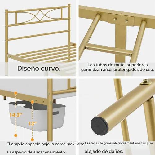 Vista 4 de Yaheetech Base de cama de metal individual, base de cama con plataforma, base de colchón con cabecera y estribo de diseño curvo, soporte resistente