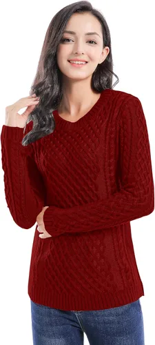 Vista 2 de v28 - Suéter elástico de punto trenzado con cuello redondo y manga larga para mujer