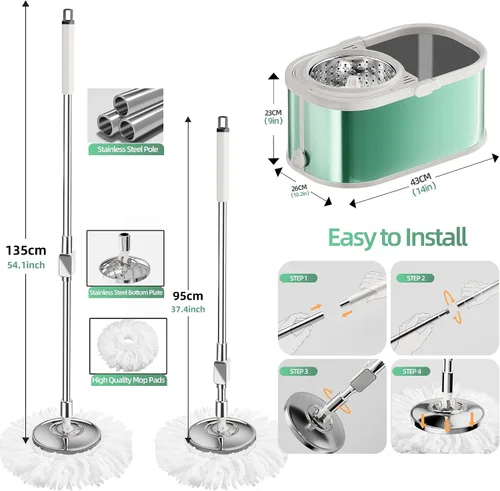 Vista 7 de Trapeador giratorio y cubo con escurridor para el hogar, trapeador de 360° y cubo con agua limpia y sucia separada, mopa de polvo húmedo