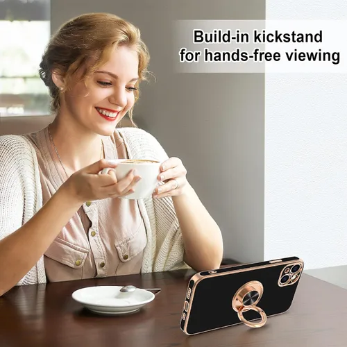Vista 6 de Hython Funda para iPhone 13 con Soporte de Anillo [Soporte de Anillo Giratorio de 360° Base Magnética] [Borde Chapado en Oro Rosa] Cubierta Delgada