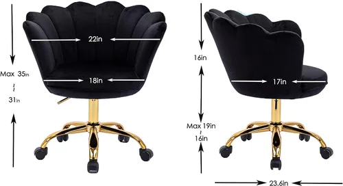 Vista 3 de Cómoda silla de trabajo para oficina en casa con ruedas, bonita y moderna tapizada de terciopelo con respaldo de concha, silla de escritorio Negro