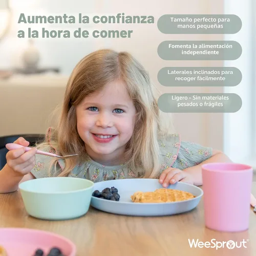 Vista 4 de WeeSprout Platos de bambú con tapas de silicona, juego de 4, vajilla de tamaño infantil, cereales, sobras y aperitivos, vajilla de melamina apta