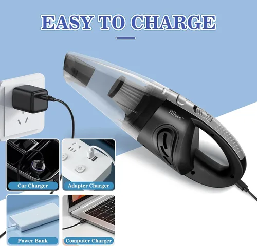 Vista 6 de Hiluce Aspiradora portátil inalámbrica para automóvil, aspiradora de mano de alta potencia para húmedo y seco, recargable por USB, ligera, bolsa