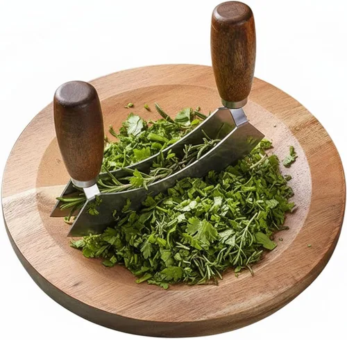 Vista 4 de Picador de ensalada con tabla de cortar redonda de madera, cuchillo Mezzaluna con cubierta protectora y mango antideslizante, cortador de verduras