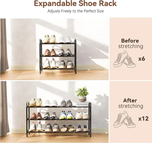 Vista 7 de SUFAUY Zapatero de 3 niveles expandible de 18 a 32 pulgadas, organizador de zapatos ajustable para armario, almacenamiento de zapatos de metal