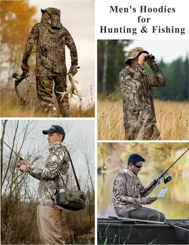 Vista 6 de FISHEAL Camisas de caza para hombre con máscara UPF 50+ Camo Manga Larga Pesca Sudadera con Capucha con Cordón Ajustable