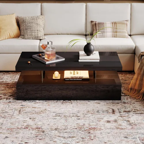 Vista 3 de ChooChoo Mesa de centro LED moderna, mesa central de alto brillo con cajón, mesa de centro negra con almacenamiento para sala de estar, dormitorio