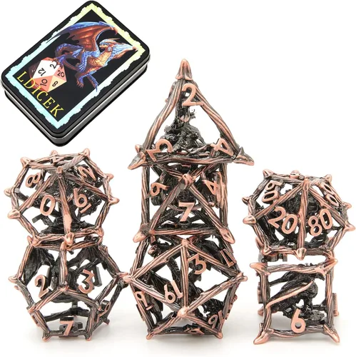 Vista 8 de Juego de dados DND de metal con caja, 7 dados huecos D&D, juego de dados poliédricos de cobre para Dungeons and Dragons Steampunk Poliédricos