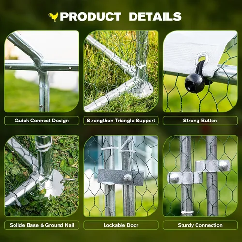 Vista 6 de Gallinero grande de metal con cubierta impermeable, para exteriores, patio trasero, granja, anti-UV, jaula en forma de espuela para aves, patos