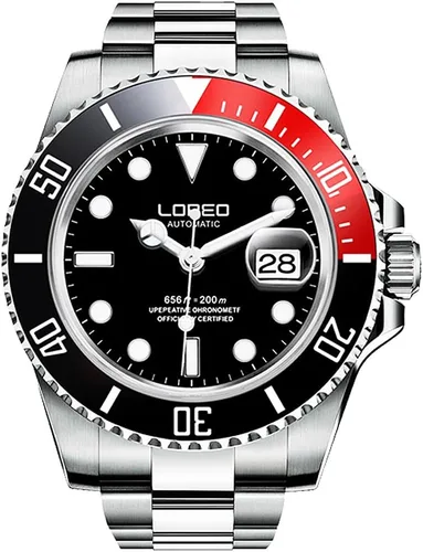 Vista 9 de LOREO Reloj automático de acero inoxidable plateado para hombre, con bisel giratorio, cristal de zafiro, negro