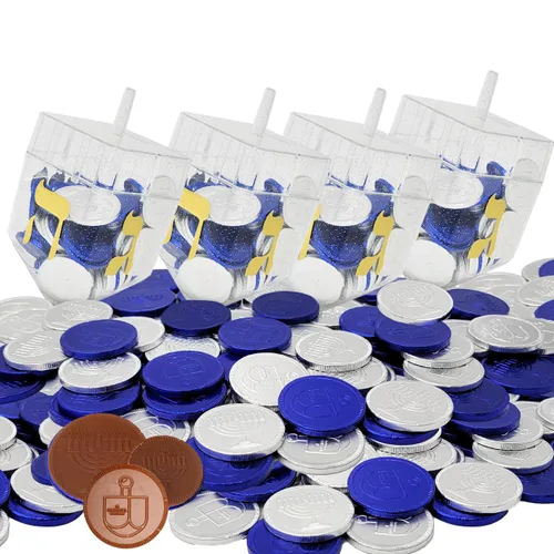 Vista 7 de The Dreidel Company 2 paquetes de Dreidel rellenos con monedas de Hanukkah Gelt azules y plateadas, 10 monedas de Hanukkah Gelt por Dreidel, total