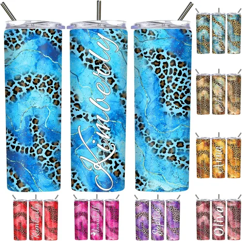 Vista 11 de Vasos personalizados con estampado de leopardo con tapas y pajitas, vasos delgados personalizados de 20 onzas con nombres para mujeres y hombres