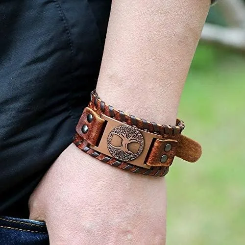 Vista 2 de Brújula vikinga nórdica Vegvisir Fenrir Wolf Tree Of Life Yggdrasil Valknut Brown Pulsera de cuero vikingo