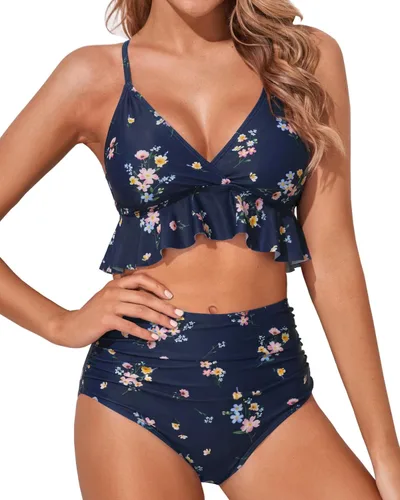 Vista 15 de Tempt Me - Traje de baño de dos piezas para mujer, bikini de cintura alta con volantes y control de abdomen Rojo neón