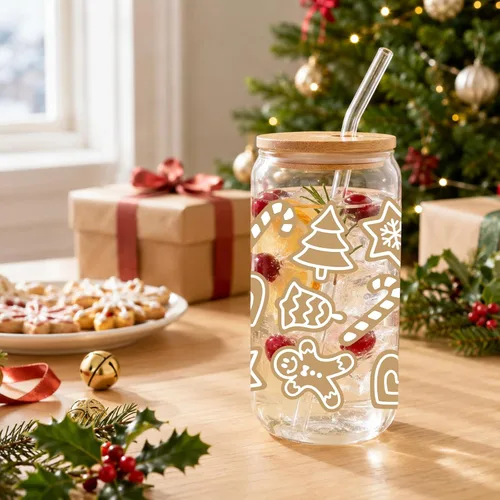 Vista 3 de JEKUGOT Vasos de Navidad para mujeres, vasos de vidrio de 16 onzas con tapa Estilo A