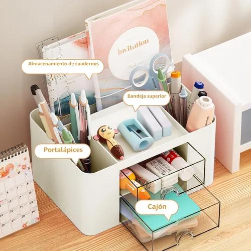 Vista 2 de Marbrasse Organizador de bolígrafos con 2 cajones, portaplumas multifuncional para escritorio, organizadores de escritorio y accesorios con 5