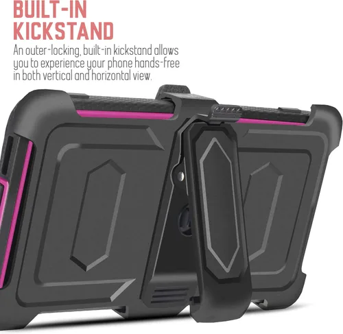 Vista 5 de Funda resistente para Samsung Galaxy A11 con clip giratorio para cinturón, función atril de doble capa con protector de pantalla integrado, carcasa