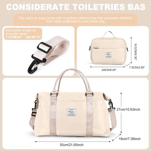 Vista 3 de Bolsas de viaje para mujer, bolsa de viaje para fin de semana, bolsa de lona con mojado Pocke, beige (A-Beige)
